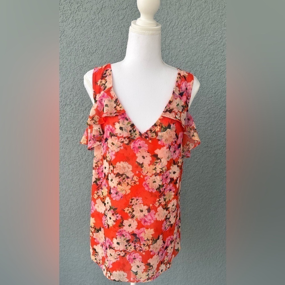 CAbi Lush Blouse Women's Medium Cold Shoulder Blouse Orange Pink Floral 2 Layers